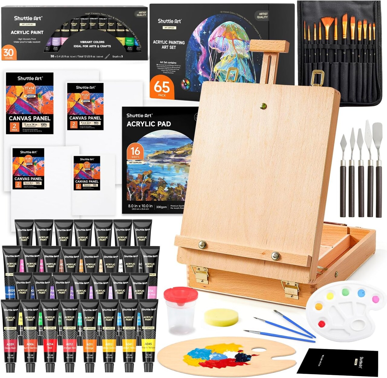 65 Pack Acrylic Paint Set,Acrylic Painting Set with Wooden Easel, 30 Colors